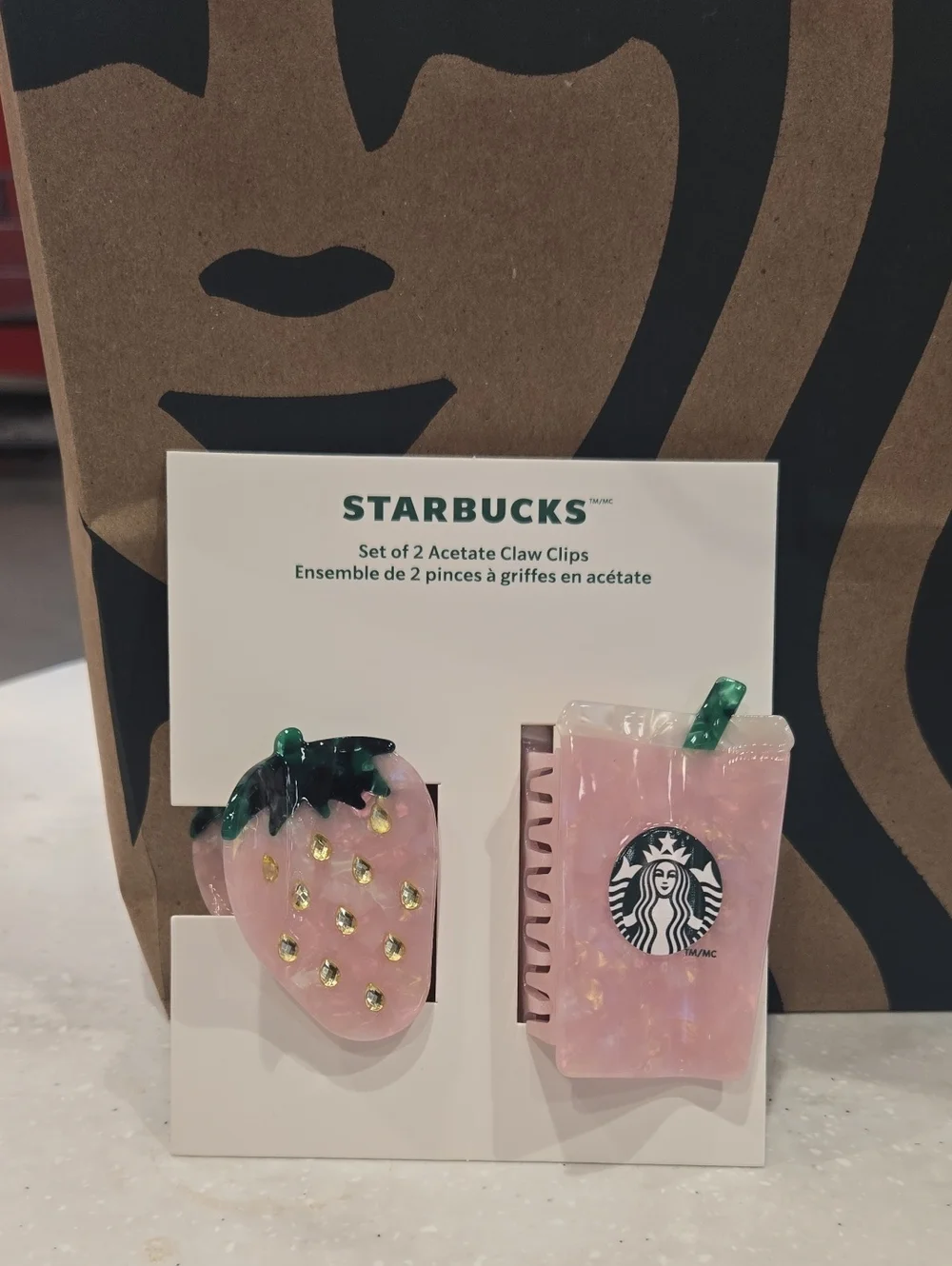 Starbucks Pink Strawberry & Cup Acetate Hair Clips